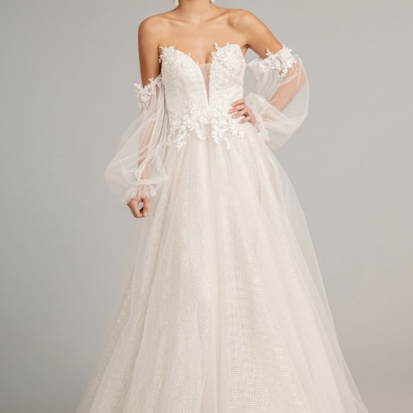 NEW FLOWER EMBELLISHED GLITTER NETTING A-LINE DRESS DETACHED LONG SLEEVES GL3015